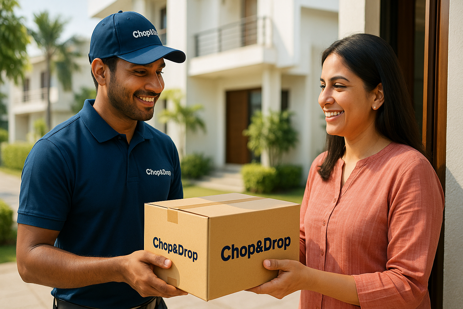 Indian delivery boy handover parcel to custome 16:9 ration chop&drop branding